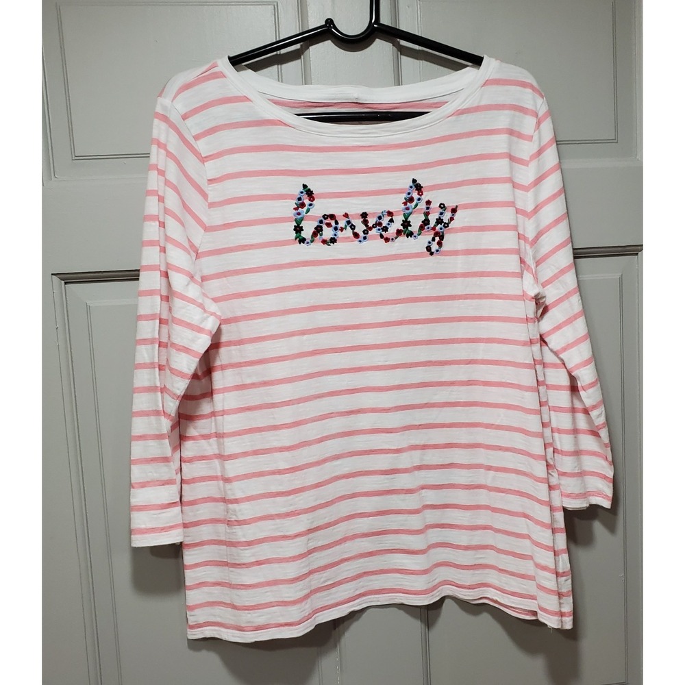 Talbots Top Womens XL Pink Top 3/4 Sleeve Striped Casual Basic Blouse Lovely